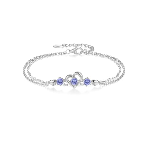 PHNIBIRD タンザナイト ブレスレット ハート レディース 人気 12月誕生石 シルバー925 金属アレルギー対応 ブレスレット 2連 チェーン 普段使い シンプル クリスマス 記念日 誕生日プレゼント 20代 30代 40代 アクセサリー
