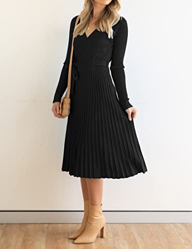 Zesica Women'S 2024 Fall Long Sleeve Wrap V Neck Ribbed Knit Pleated A Line Pullover Sweater Dress With Belt,Black,Small thumb #8