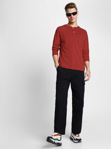Image of Veirdo Pure Cotton Regular Fit Henley Neck Plain Solid Full Sleeve T-Shirt for Men & Boys (Color Options: Black, Red, Swanwhite, Navy Blue, White, Cork, Green, Maroon, Mustard, Royal Blue)