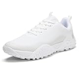 TEOHRW Wide Golf Shoes for Men Spikeless Professional Outdoor Waterproof Golfing Footwears Sneakers with Arch Support White Grey