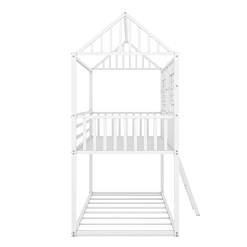 Twin Over Twin House Bunk Bed Metal Floor Bunk Beds Frame Kids Playhouse Bunked With Ladder White Cottage Beds For Girls Boys Teens, No Box Spring Needed #TOP7
