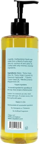 Image of Claya Peppermint Liquid Castile Soap - Organic Ingredients, Biodegradable, Refreshing and Cooling, Gentle for Skin and Multi-Purpose (16 fl oz (Pump Cap) and 64 fl oz)