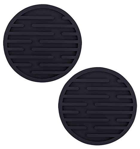 シリコン製コースター 2枚セット ブラック 丸型 水切り溝付 耐水 耐熱コースター ソフトシリコン素材 立体型 水滴をキャッチ ノンスリップ カップホルダー お手入れ簡単 シンプルデザイン FMTSCM1005S2