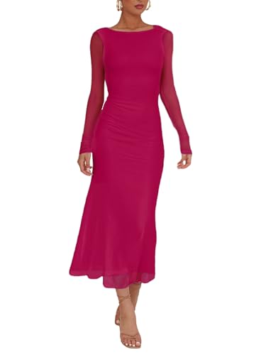 Image of Aisbei Women's Elegant Bodycon Maxi Dress Long Sleeve Boat Neck Backless Dress Party Cocktail Formal Wedding Guest Dresses