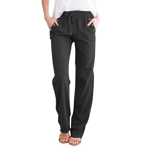 Women's Cotton Linen Pants Summer Casual Lightweight Baggy Pants Drawstring Waist Button Up Pocket Beach Lounge Pant Black M