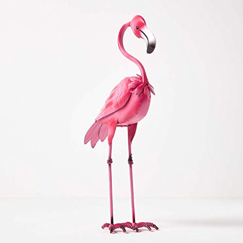 Homescapes Garten Deko Flamingo Metall Figur, handbemalt Metallvögel Dekofigur aus Eisen, Gartenfigur für Garten Teich und Balkon, Teichdeko Tierfigur, rosa ca. 38 cm hoch