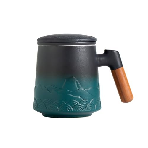 Tasse à Thé ZENS avec Infuseur et Couvercle (500 ML),Tasse en Céramique Gaufrée pour Thé en Feuilles avec Filtre Fin – Vert Foncé avec Poignée en Bois,...