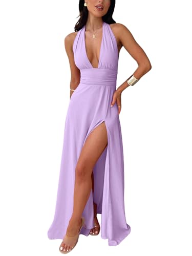Image of Ekaliy Womens Sexy Halter Deep V Neck Maxi Dress Sleeveless Backless Split Long Dress