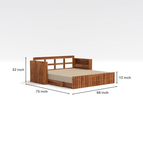 Image of Kunjal Furniture Solid Sheesham Wood Sofa Cum Bed with Storage for Living Room | Natural Finish | 3-Seater Convertible Sofa Bed | Handmade Wooden Furniture (Natural, American)