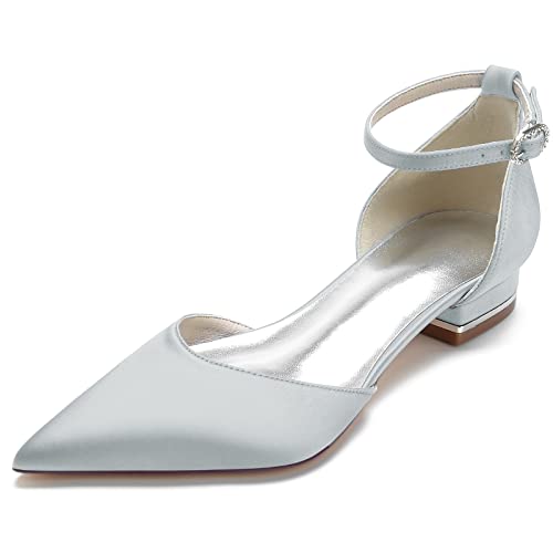 Women's Pointed Toe Bridal Pumps Satin Flats Ankle Strap Wedding