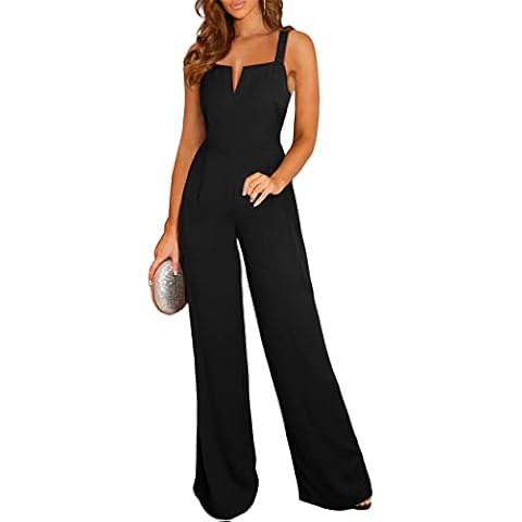 BLENCOT Sleeveless Jumpsuits for Women Dressy Casual V Neck Wide Leg Long Pants Slip Rompers Summer Overalls Black X-Large Cover