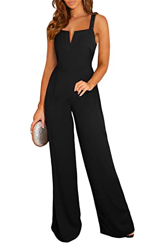 BLENCOT Women Sleeveless Jumpsuits Summer V Neck Wide Leg Long Pants Slip Rompers Dressy Casual Overalls Black Small