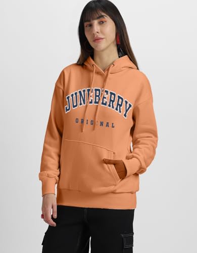 Image of JUNEBERRY Fleece Oversized Baggy Fit Hooded Sweatshirt Drop Shoulder Typographic Logo Printed Full Sleeve Hoodie for Women (Availabe Colors: Copper Tan, Rust & Red)