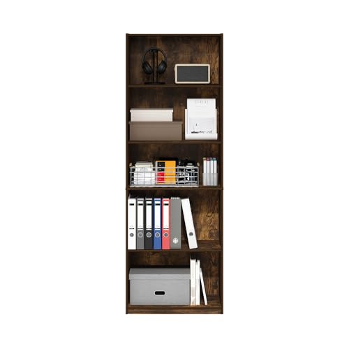 Image of Furinno GEHRY Book Shelf, 5-Tier Bookshelf with Open Shelf, Standing Bookcase with Adjustable Shelves, 11.6 x 24.8 x 71.4, for Living Room, Bedroom, Home Office, Amber Pine