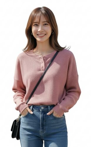 Image of Zilcon Full Sleeve Waffle (Wool) Oversized Tshirt for Women, Button Down Neck Longline Drop Shoulder Sweatshirt for Women