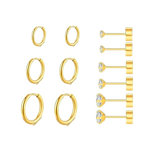 316L Surgical Stainless Steel Gold Hoop Earrings Flat Back Stud Earrings Set Huggie Hypoallergenic Earrings Hoop Cartilage Helix Lobes Hinged Sleeper Earrings For Men Women