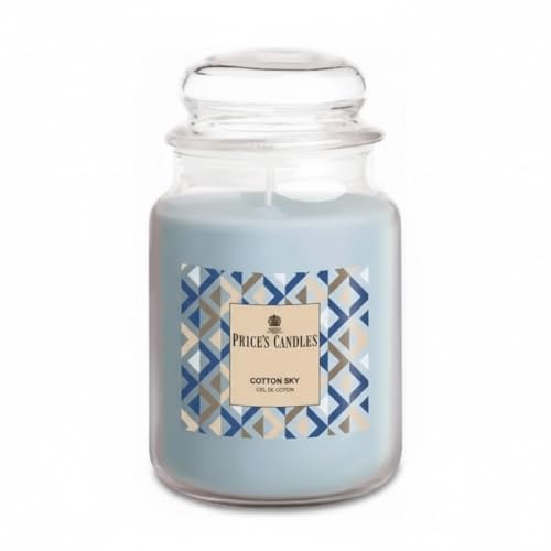 Price's Candles Cotton Sky - Vela perfumada en tarro grande 1000 g, duración hasta 130 horas, lirio, violeta y naranja, aroma fresco y ligero, cristal con tapa