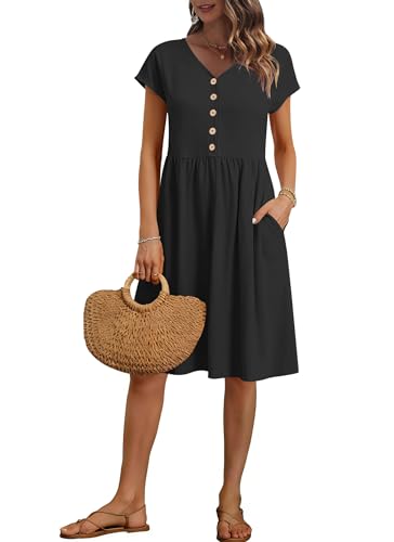 Image of AUSELILY Women's Summer Short Sleeve Knee-Length V Neck Dress with Pockets