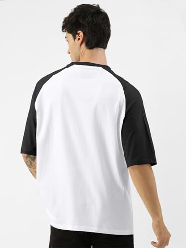 Image of Veirdo 100% Pure Cotton Oversized Loose Baggy Fit Drop Shoulder Round Neck Cool Front Chest Typographic Logo Printed Raglan Sleeve T-Shirt for Men (Colors: White, Black, Swanwhite, Beige & Grey)
