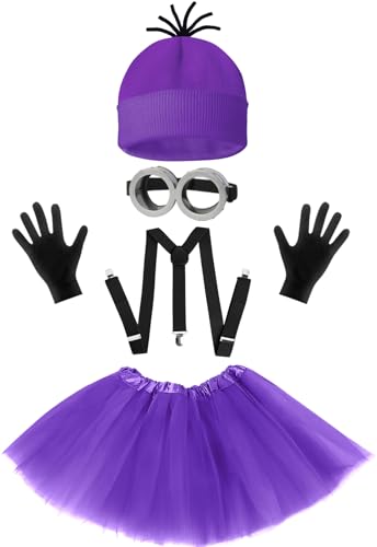 Snwquik 5 Pcs Halloween Costume Women Adults Purple Beanie/Goggles/Tutu Skirt/Suspenders/Gloves Halloween Costume Accessories