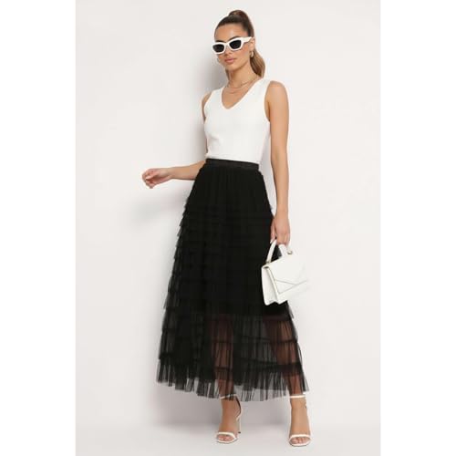 Women's Layered Long Maxi Tulle Skirts, High Waisted A Line Ruffle Tiered Layered Mesh Tutu Petticoat Tulle Skirt2