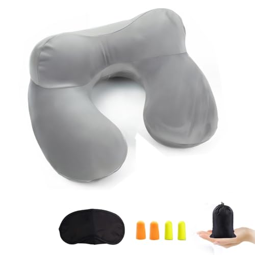Almohada de Viaje, Cojín Inflable del Cuello de Viaje,Hecho de Terciopelo Suave con Tapones para los Oídos, Máscara de los Ojos y Bolsa de Transporte, para Viajar en avión, Tren, casa (Gris)