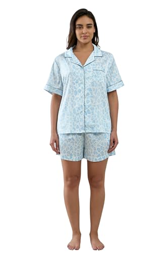 Image of YiNi LuLu Womens Silk Satin Shorts Pajamas Set Button Down 2 Piece Pjs Short Sleeve Oversized Sleepwear with Pockets