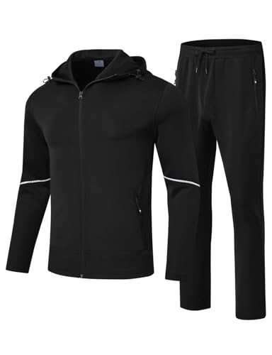 YSENTO Mens Tracksuit Sets Full Zip Jogging Sports Gym Suit 2 Piece Athletic Contrast Sweat Suits with Hoodie(Black,XS)