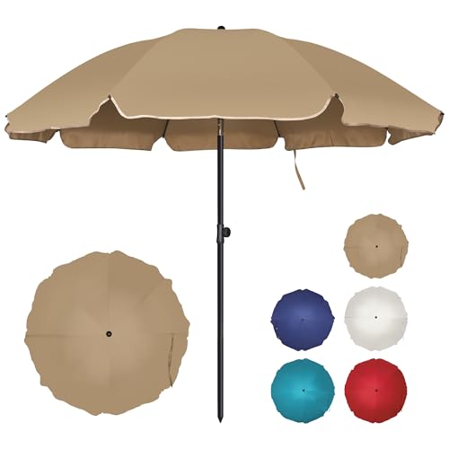 Blissun 6.5ft Patio Umbrella with Push Button Tilt & Height Adjustable UV50+ Sun Protection with Sturdy Fiberglass Ribs & Iron Pole Market Umbrella for Outdoor Table Garden Backyard Beach Tan