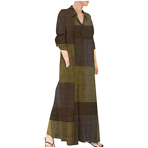GOODTRADE8 Womens Dresses Maxi Dress Women's Dress Shirt Long Skirt Long Sleeve Pocket Autumn Spring Shirt Collar Brown