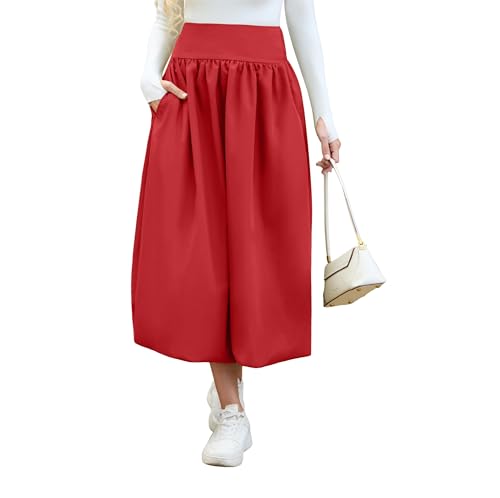 Women's Bubble Long Skirt Elastic Waist A-Line Pleated Ruffle Flowy Balloon Maxi Skirts with Pockets