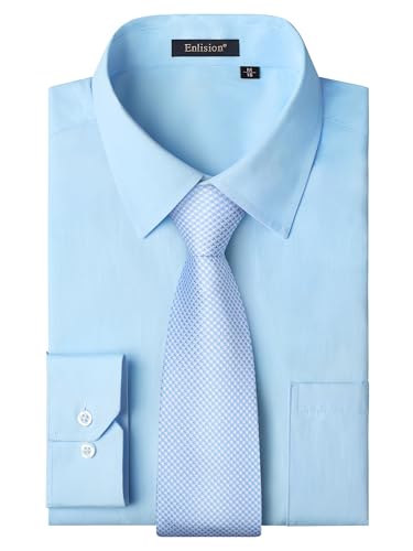 Enlision Blue Dress Shirt Men Formal Long Sleeve Shirt for Men with Tie Botton Up Casual Stylish Regular Fit Collar Shirt and Tie Set Work Wedding