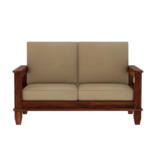Image of Solid Sheesham Wood 2 Seater Sofa with Pocket Storage | Multipurpose Wooden Two Seater Sofa Chair with Cushion for Living Room, Home & Office (Natural Finish) | 1 Year Warranty