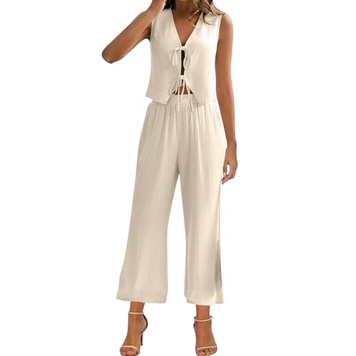 Women's Two Piece Outfits Summer Fashion Y2K Tie Front V Neck Crop Tank Top and Wide Leg Pants Lounge Matching Sets Beige