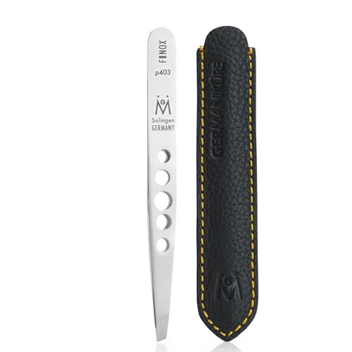 GERMANIKURE Professional Perforated Slanted Tweezers - FINOX Stainless Steel Sharp in Leather Case - Ethically Made in Solingen, Germany - 4403