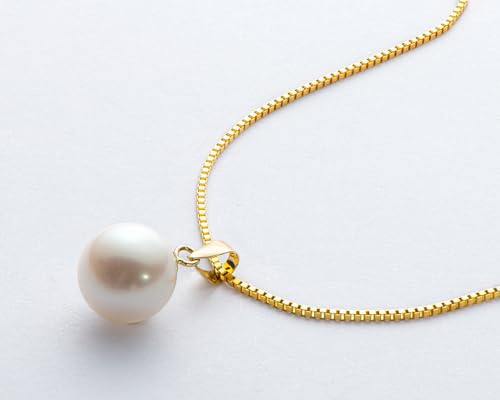 18K Gold Freshwater Cultured White Pearl Necklace, 8-10mm Single Pearl Pendant with 18" Sterling Silver Chain, Mothers Day Anniversary Birthday Wedding Jewelry Gifts for Women2