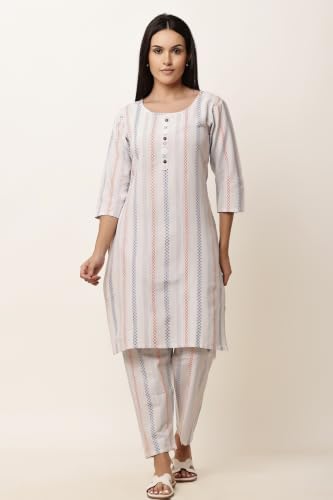 Image of Women Cotton Blend Kurti Pant Set for Women Ethnic Printed Straight Kurta with Pants Co Ord Set Casual Office Wear Traditional Kurta Set Blue 3 /4 Sleeve Round Neck