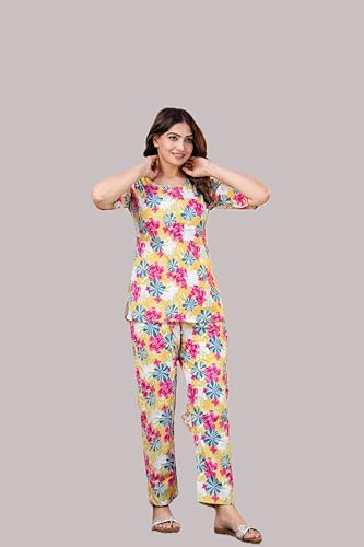 Image of Women & Girl's Cotton Night Suit | Soft Breathable Nightwear for Women Comfortable Lounge Wear Sleepwear Set for Girls Ladies Skin Friendly Smooth Fabric | Cotton | Multicolor (, XL)