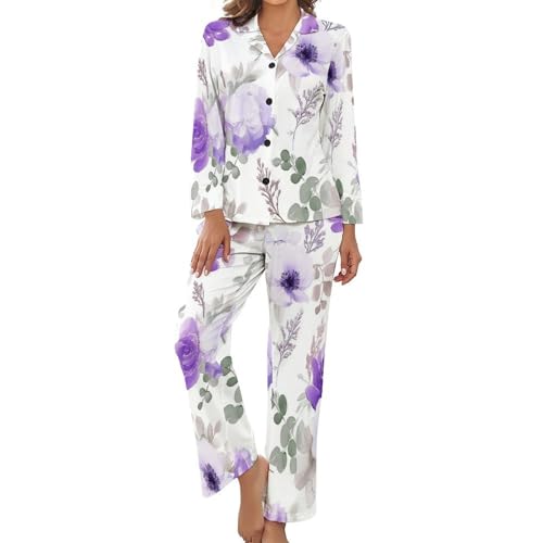 Motif élégante rose violette aquarelle pour ce pyjama pour femme 2 pièces soyeux