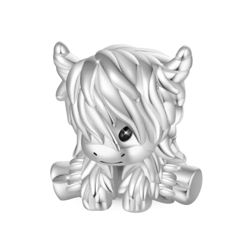 GNOCE Charme D'amour De Vache Mignon Pour Les Femmes, 14K Blanc Plaqué Or Bracelet Perle Charme pour elle, Bijoux Cadeau Animaux, Inner Diameter4.5 mm, Argent sterling, Pas de gemme