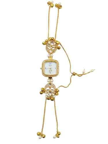 Traditional Kashmiri Kundan & Meenakari Bracelet Watch for Women - Pearl Design with Ghungroo Tassels - Adjustable Jewelry Watch for Weddings, Festivals & Gifting (Crescent Dial)