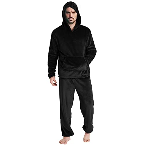 Cexiakong Pijama largo para hombre con capucha y pantalón de forro polar, conjunto de pijama para hombre y adolescente, traje de casa de franela para invierno, pijama largo con capucha suave, Negro ,