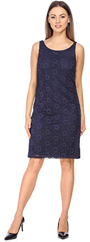 Bellivalini Damen Kleid Knielang Spitzenkleid festlich Sommerkleid ohne Ärmel Blumen Muster Rundhals BLV50-261 (Dunkelblau, XXL)