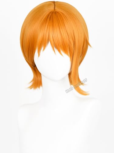 Image of Half and Half Short Orange Anime Wig for Women Vibrant Orange Cosplay Female Wig with Bangs Pirate Costume Wigs for Halloween Party Daily