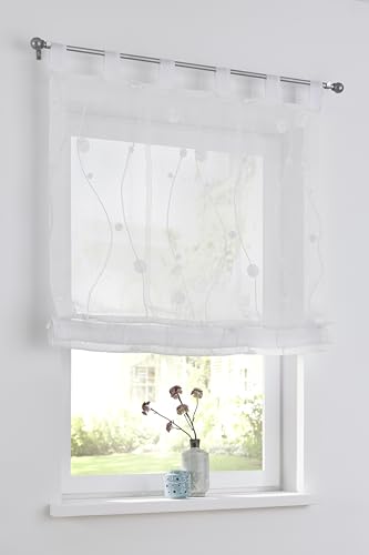 Nelly store bateau blanc avec passants, moderne, brodé, rideau semi-transparent, en polyester, facile d'entretien, de dimensions : 45 x 140 cm
