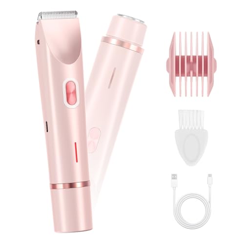 ANFOOS Women's Electric Shaver Bikini Trimmer for Women Razors 2-in-1 Dual Head Design IPX7 Waterproof Wet & Dry Use Body Groomer Hair Trimmer Remover for Facial Underarm Arm Face Leg Bikini (Pink)
