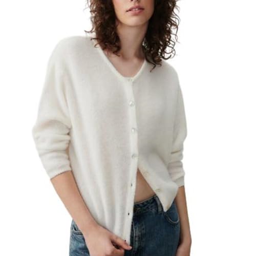 Image of Women Button Down Cardigan Long Sleeve Crewneck Sweater Vintage Lightweight Knit Jacket Fall Going Out Top
