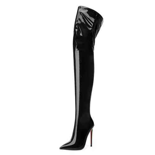 SHOWFOREST Over the Knee Boots for Women Stiletto High Heels Pointed Toe Patent Leather 4.7 Inch Fall Boots with Zipper Sexy Fashion Dance Party Long Boot Shoes - Main Image