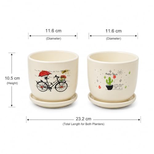 Image of Xtore Charming Bicycle & Cactus Ceramic Planter Set of 2 with Saucers for Home & Office Decor | Artistic Small Flower Pots for Living Room, Bedroom, Balcony, Desk, Shelf & Window Styling (Off-White)