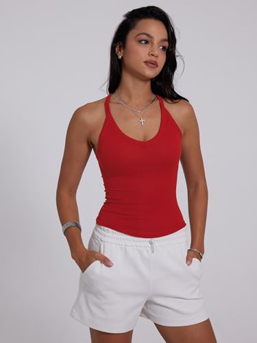 Image of Danysu V Neck Racer Back Tank Top for Women Padded Ribbed Long Tank Fitted Basic Cami Tops